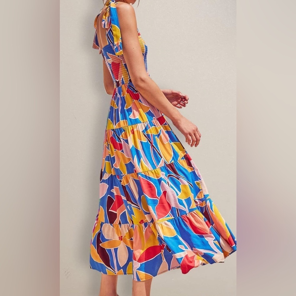 Women's Blue Multicolor Floral Smocked Ruffle Tiered A Line Maxi Dress Size L - Picture 3 of 7